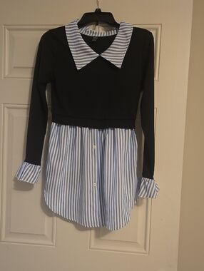 Black & Blue Striped Collar Kids Dress - Classic Layered Look